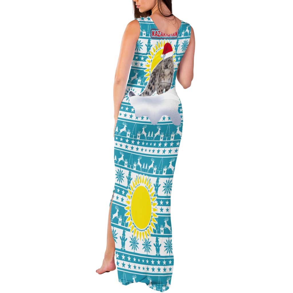 Kazakhstan Christmas Tank Maxi Dress with Snow Leopard in Santa Hat Blue and Yellow Reindeer Snowflake - Wonder Print Shop