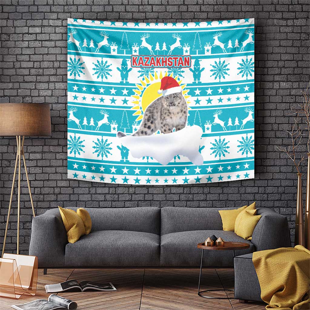 Kazakhstan Christmas Tapestry with Snow Leopard in Santa Hat Blue and Yellow Reindeer Snowflake - Wonder Print Shop