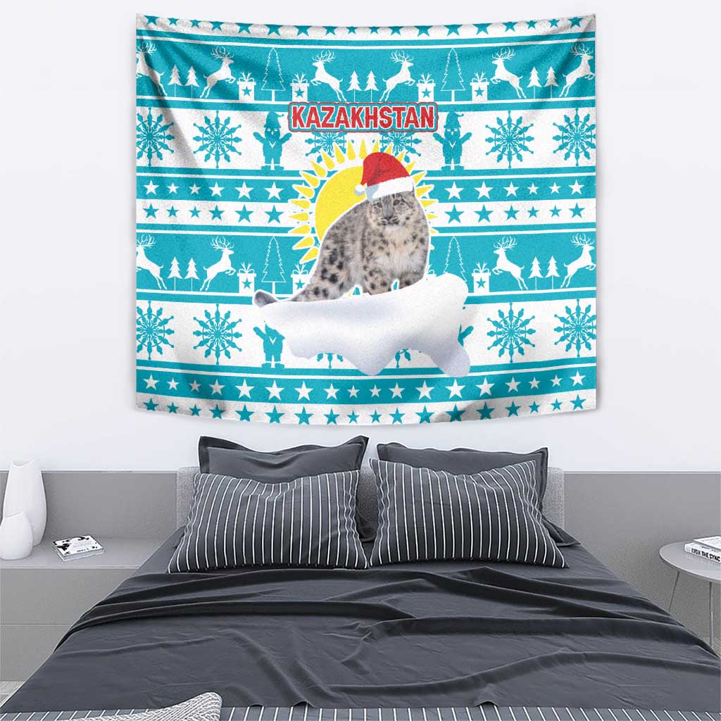 Kazakhstan Christmas Tapestry with Snow Leopard in Santa Hat Blue and Yellow Reindeer Snowflake - Wonder Print Shop