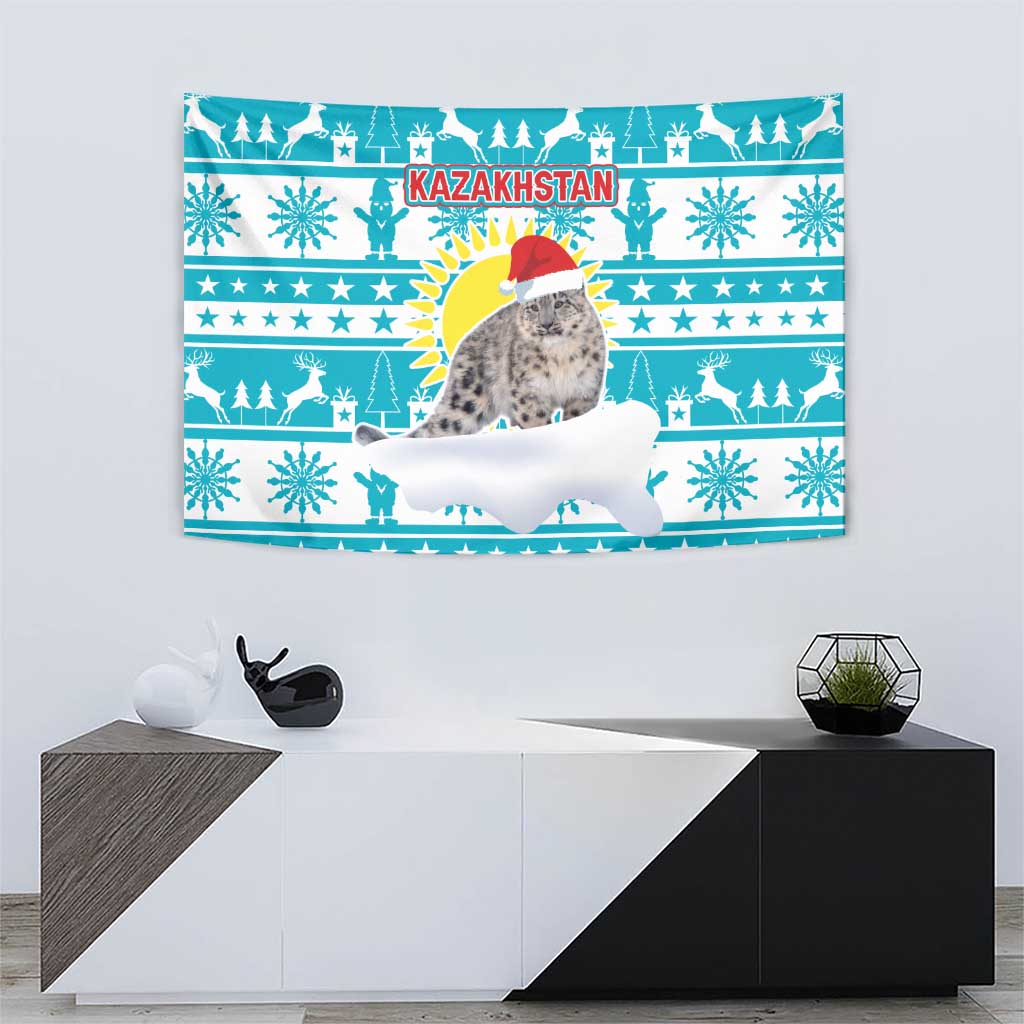 Kazakhstan Christmas Tapestry with Snow Leopard in Santa Hat Blue and Yellow Reindeer Snowflake - Wonder Print Shop