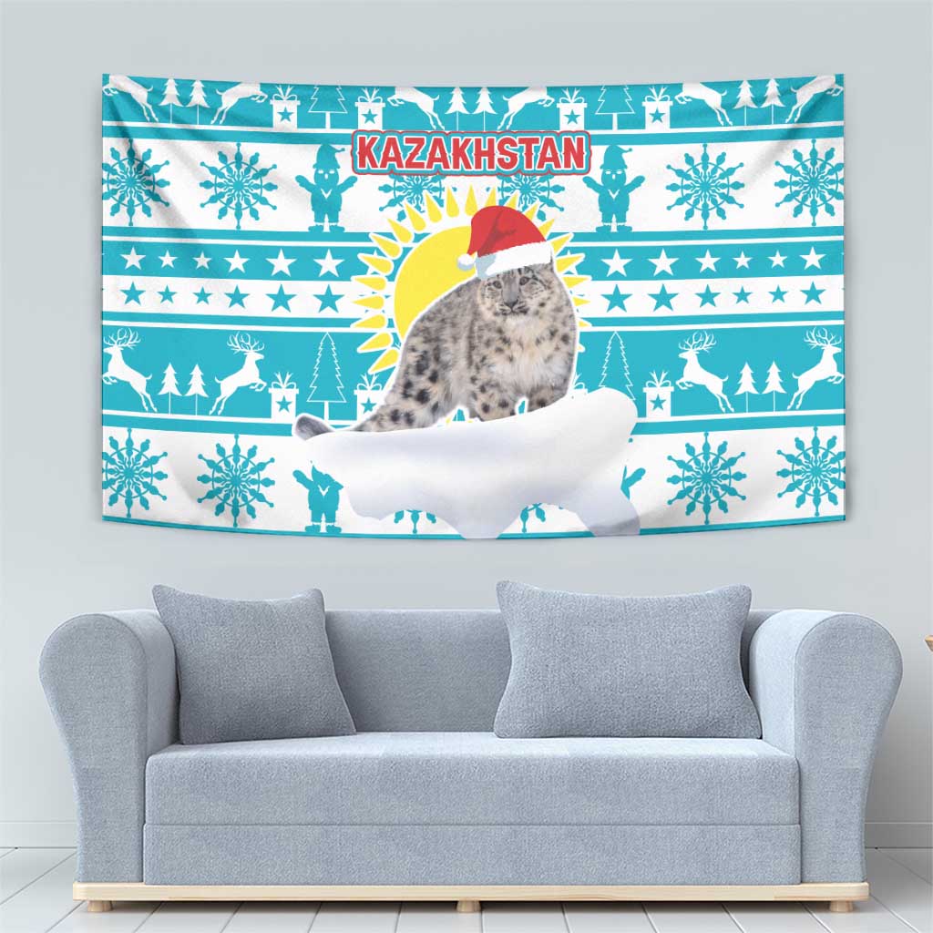 Kazakhstan Christmas Tapestry with Snow Leopard in Santa Hat Blue and Yellow Reindeer Snowflake - Wonder Print Shop
