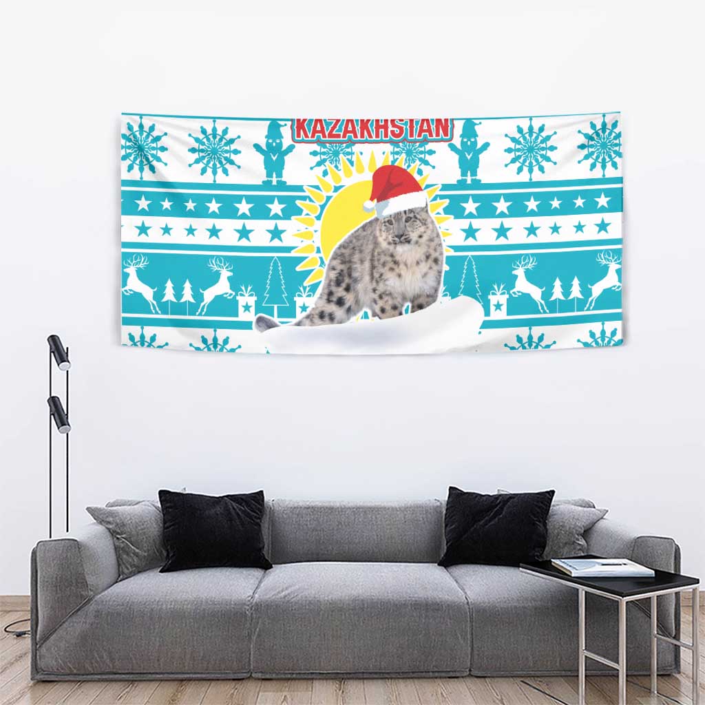 Kazakhstan Christmas Tapestry with Snow Leopard in Santa Hat Blue and Yellow Reindeer Snowflake - Wonder Print Shop
