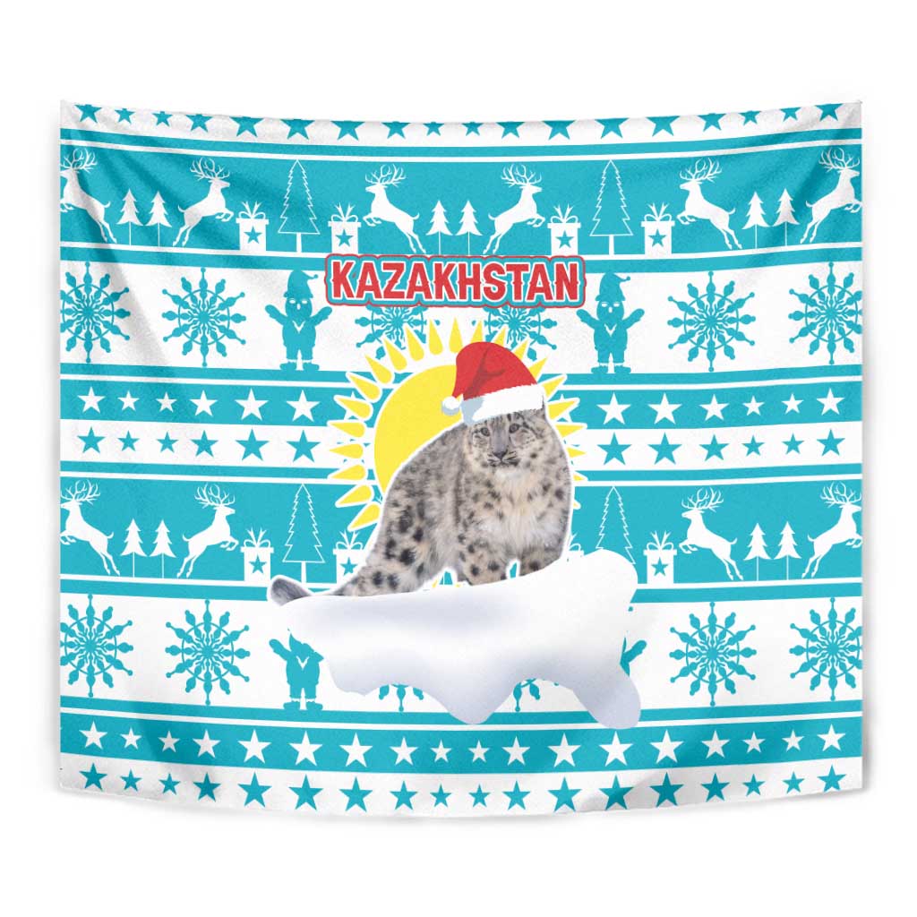Kazakhstan Christmas Tapestry with Snow Leopard in Santa Hat Blue and Yellow Reindeer Snowflake - Wonder Print Shop