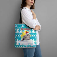 Kazakhstan Christmas Tote Bag with Snow Leopard in Santa Hat Blue and Yellow Reindeer Snowflake - Wonder Print Shop
