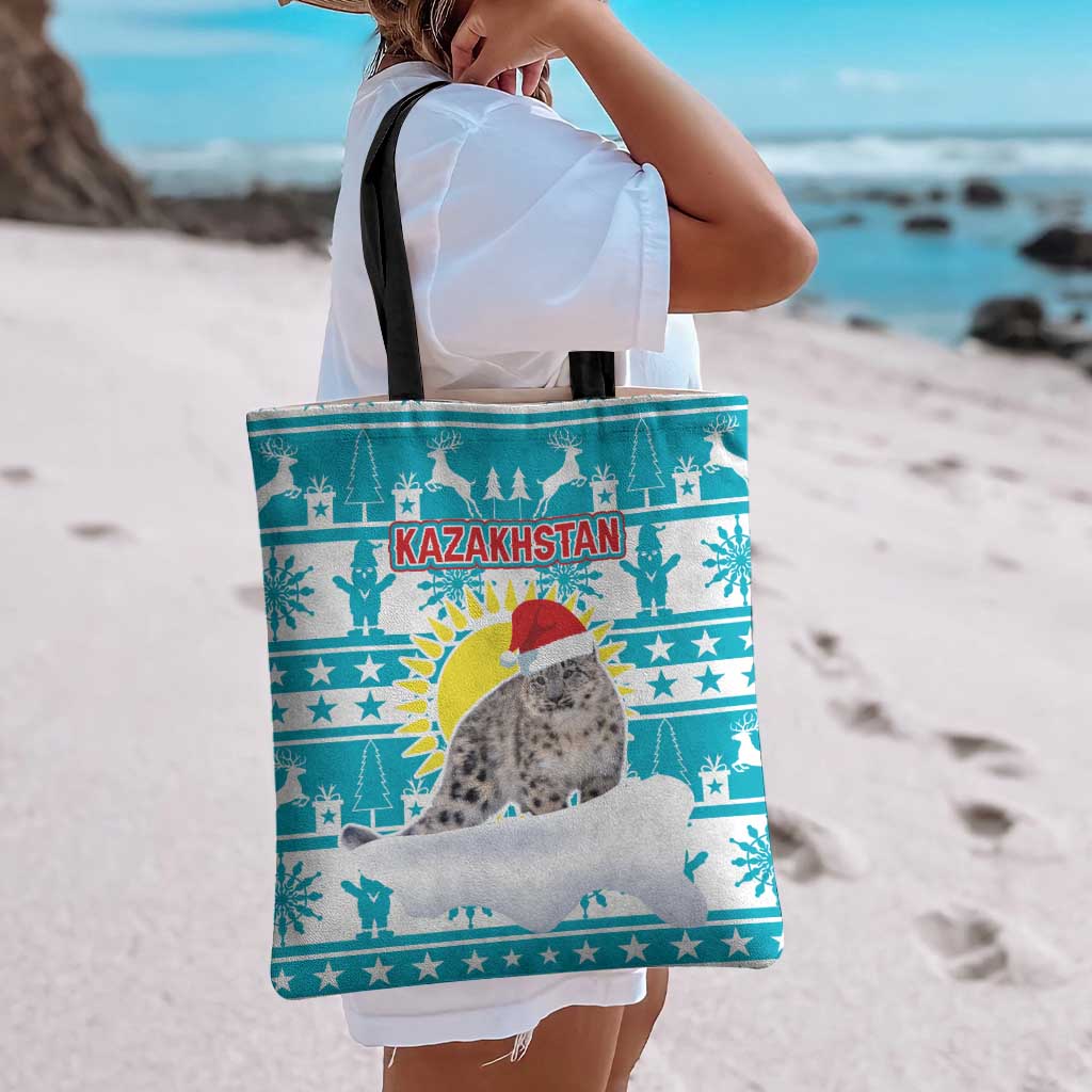 Kazakhstan Christmas Tote Bag with Snow Leopard in Santa Hat Blue and Yellow Reindeer Snowflake - Wonder Print Shop