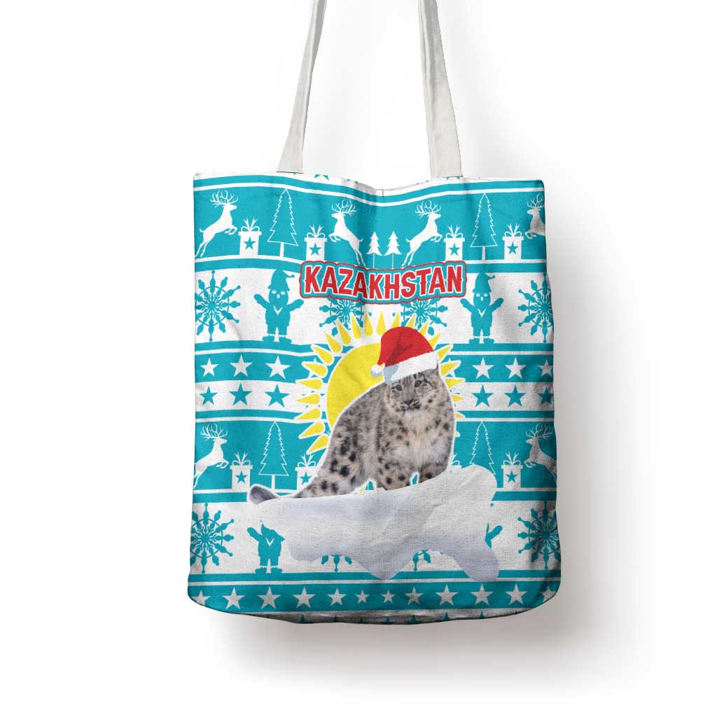 Kazakhstan Christmas Tote Bag with Snow Leopard in Santa Hat Blue and Yellow Reindeer Snowflake - Wonder Print Shop