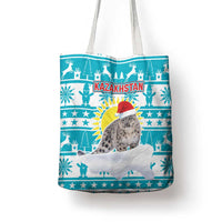 Kazakhstan Christmas Tote Bag with Snow Leopard in Santa Hat Blue and Yellow Reindeer Snowflake - Wonder Print Shop