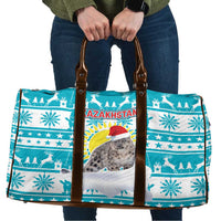 Kazakhstan Christmas Travel Bag with Snow Leopard in Santa Hat Blue and Yellow Reindeer Snowflake - Wonder Print Shop