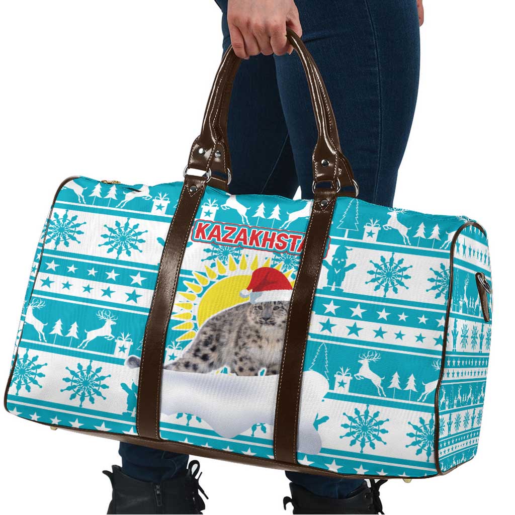 Kazakhstan Christmas Travel Bag with Snow Leopard in Santa Hat Blue and Yellow Reindeer Snowflake - Wonder Print Shop