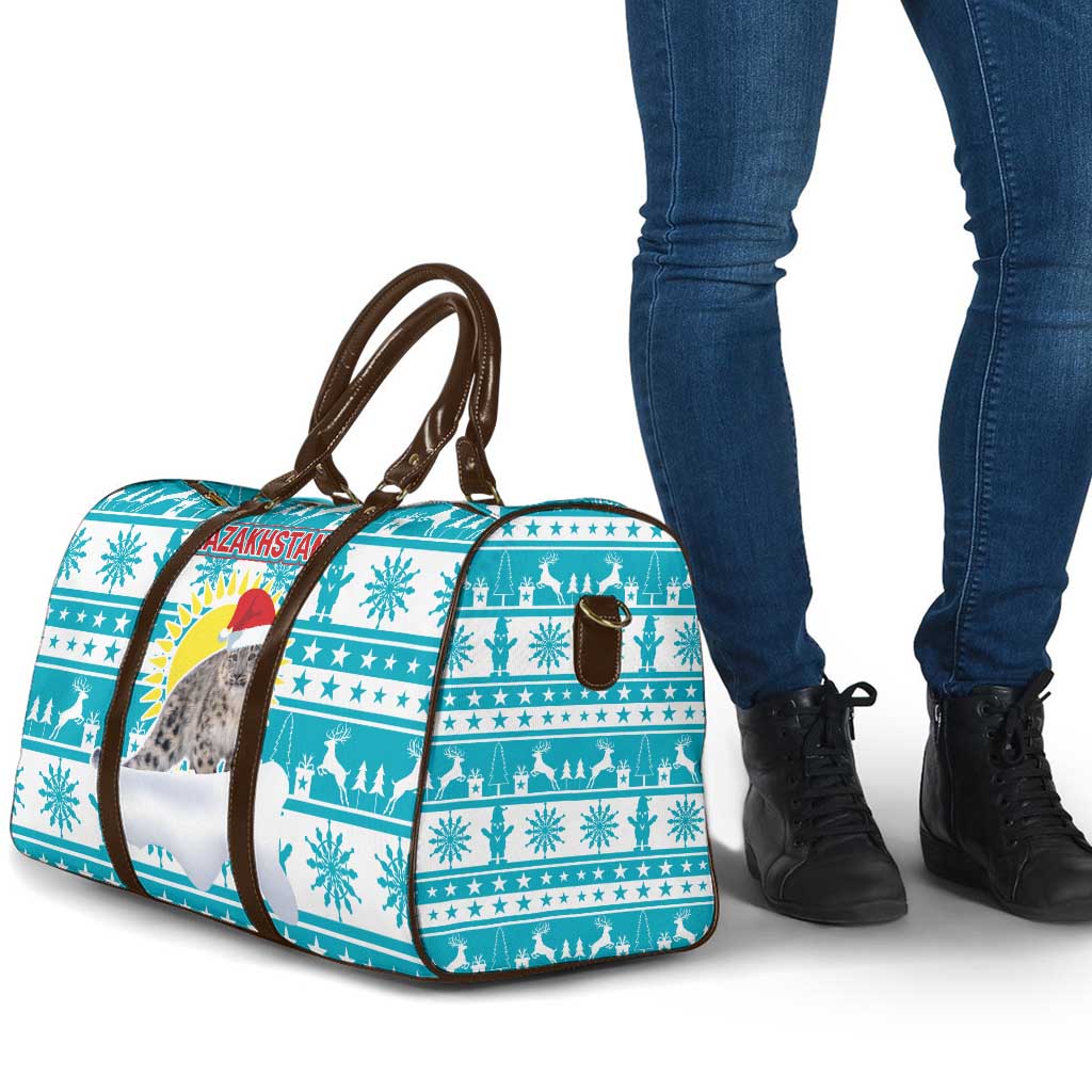 Kazakhstan Christmas Travel Bag with Snow Leopard in Santa Hat Blue and Yellow Reindeer Snowflake - Wonder Print Shop