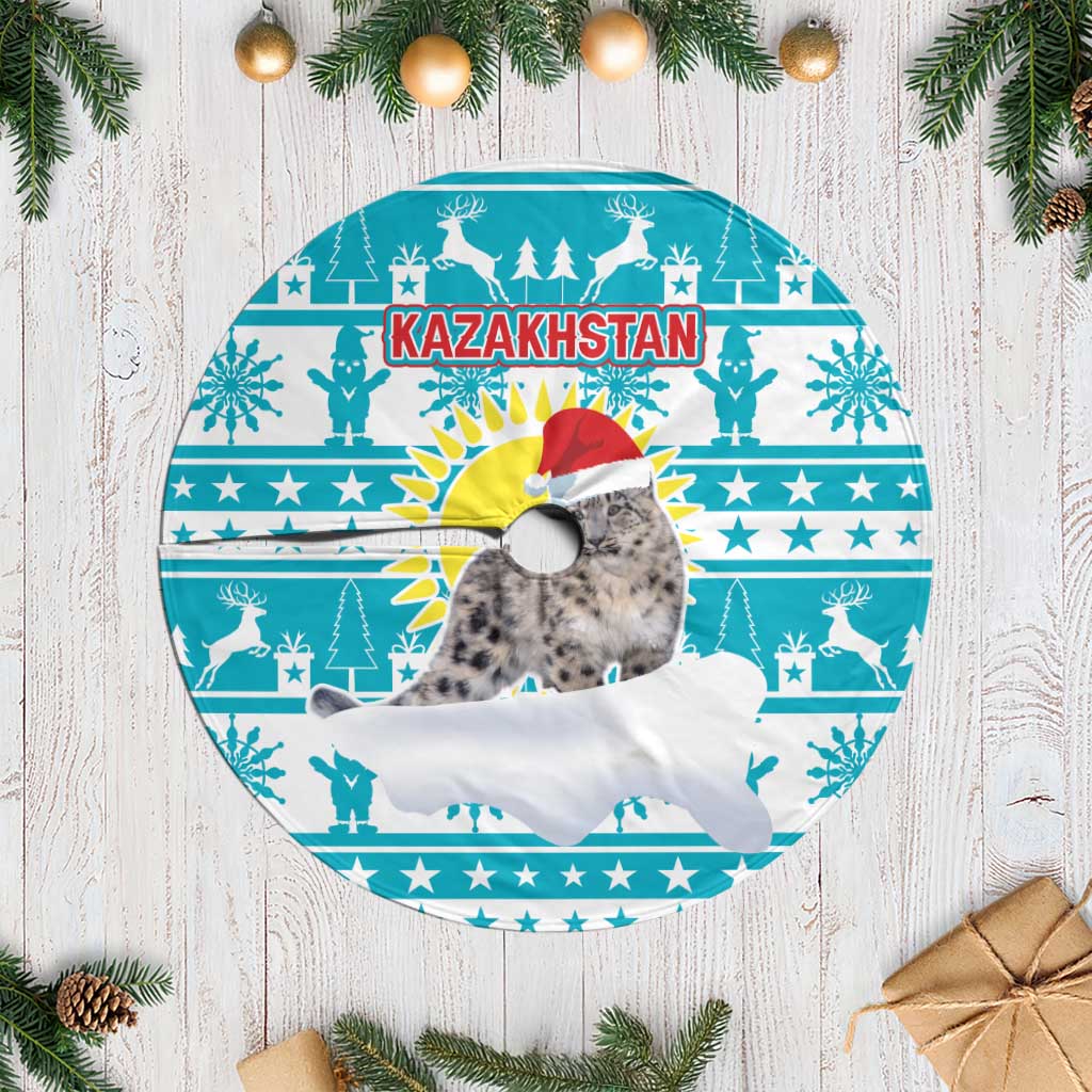 Kazakhstan Christmas Tree Skirt with Snow Leopard in Santa Hat Blue and Yellow Reindeer Snowflake - Wonder Print Shop