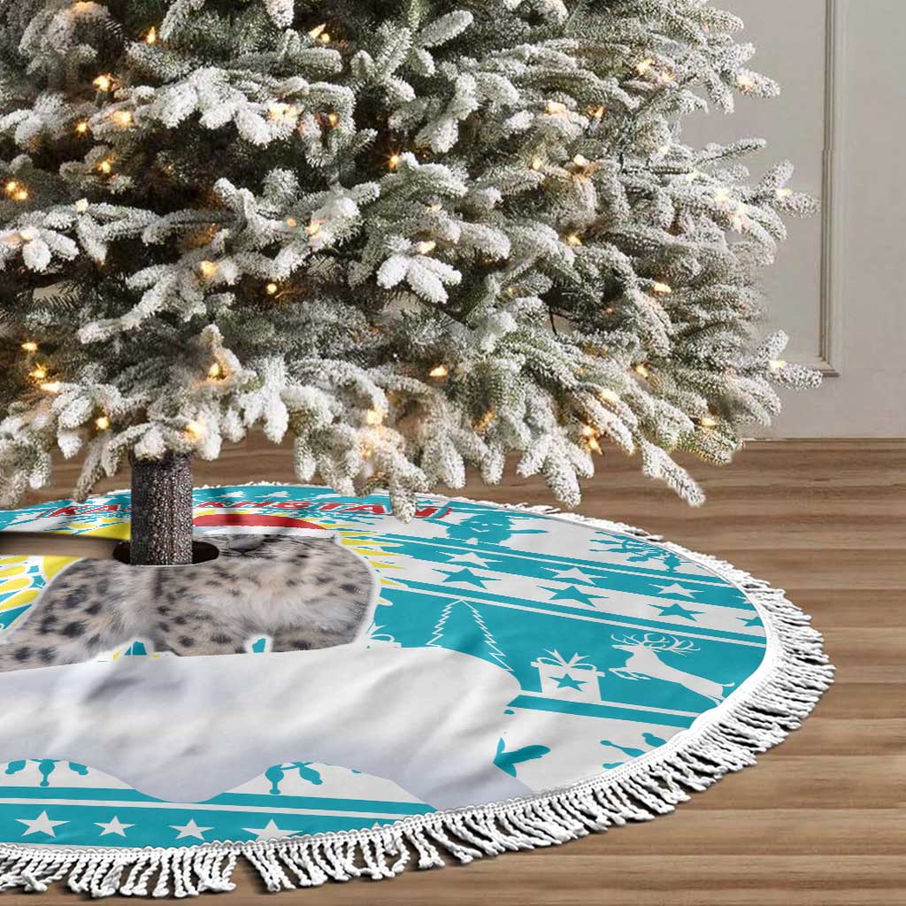 Kazakhstan Christmas Tree Skirt with Snow Leopard in Santa Hat Blue and Yellow Reindeer Snowflake - Wonder Print Shop