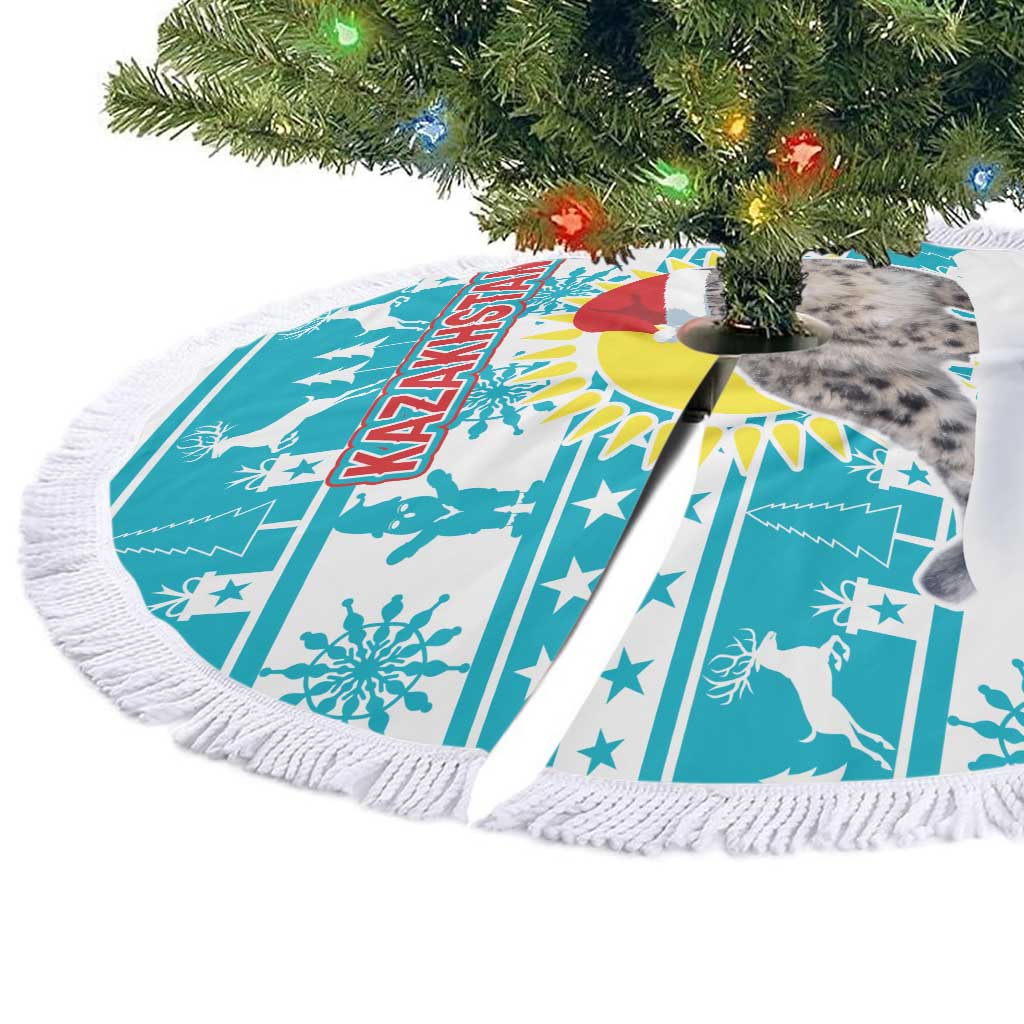 Kazakhstan Christmas Tree Skirt with Snow Leopard in Santa Hat Blue and Yellow Reindeer Snowflake - Wonder Print Shop