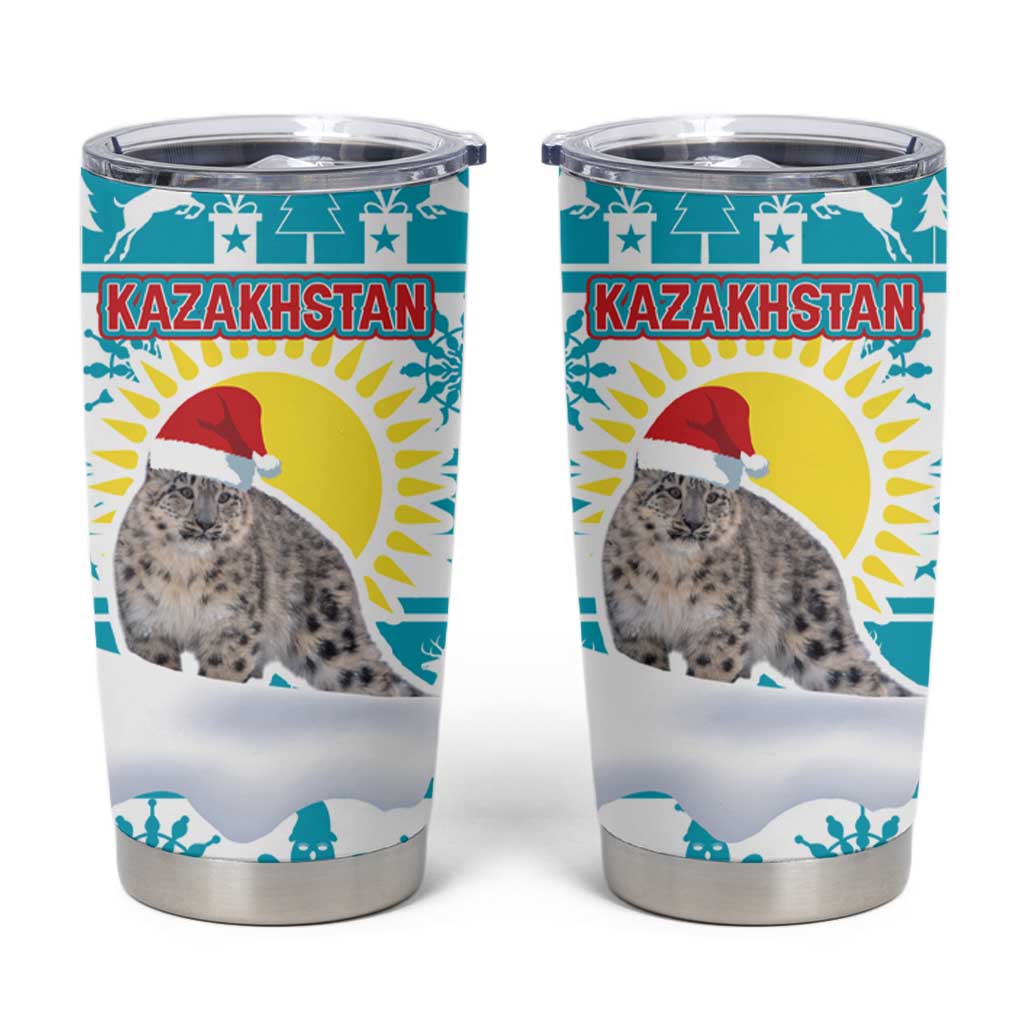Kazakhstan Christmas Tumbler Cup with Snow Leopard in Santa Hat Blue and Yellow Reindeer Snowflake - Wonder Print Shop