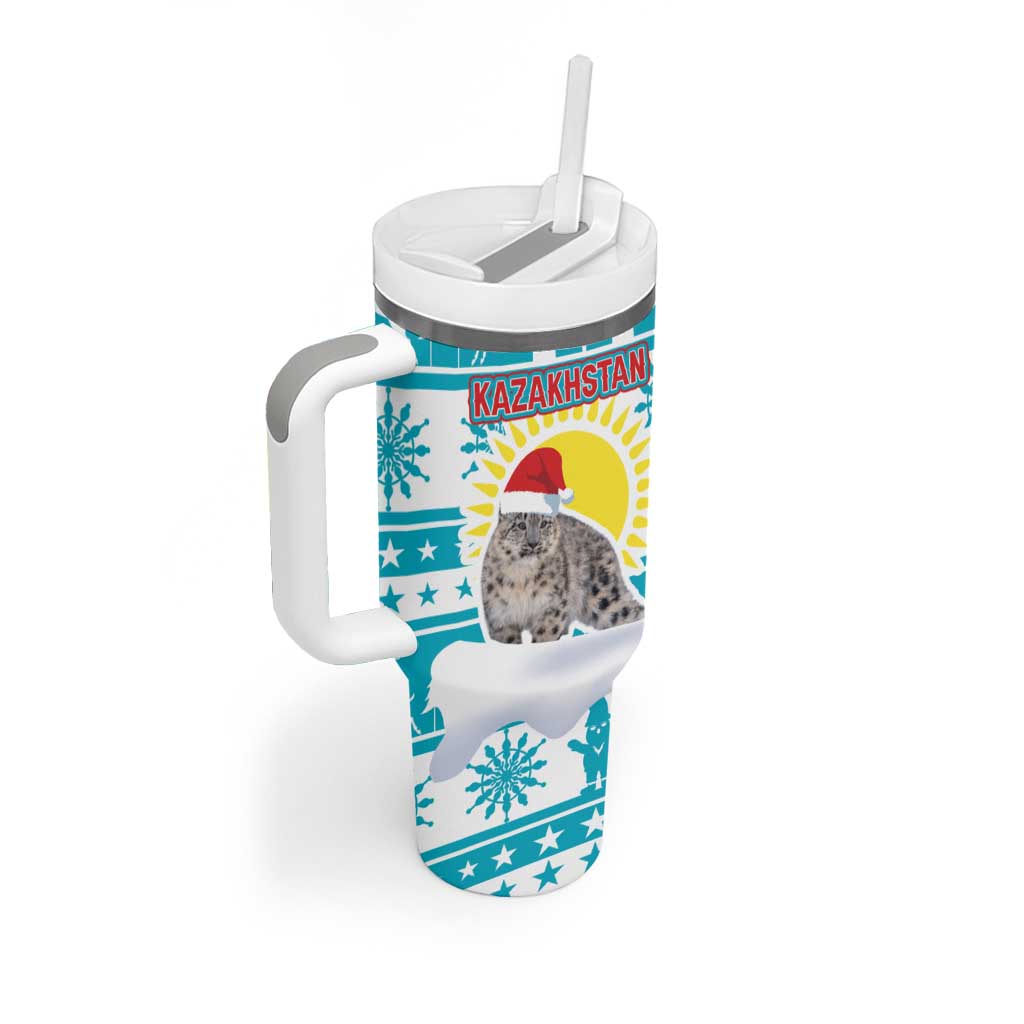 Kazakhstan Christmas Tumbler With Handle with Snow Leopard in Santa Hat Blue and Yellow Reindeer Snowflake - Wonder Print Shop