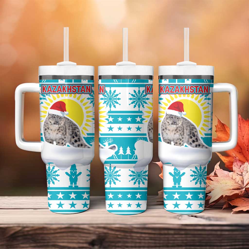 Kazakhstan Christmas Tumbler With Handle with Snow Leopard in Santa Hat Blue and Yellow Reindeer Snowflake - Wonder Print Shop