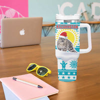 Kazakhstan Christmas Tumbler With Handle with Snow Leopard in Santa Hat Blue and Yellow Reindeer Snowflake - Wonder Print Shop