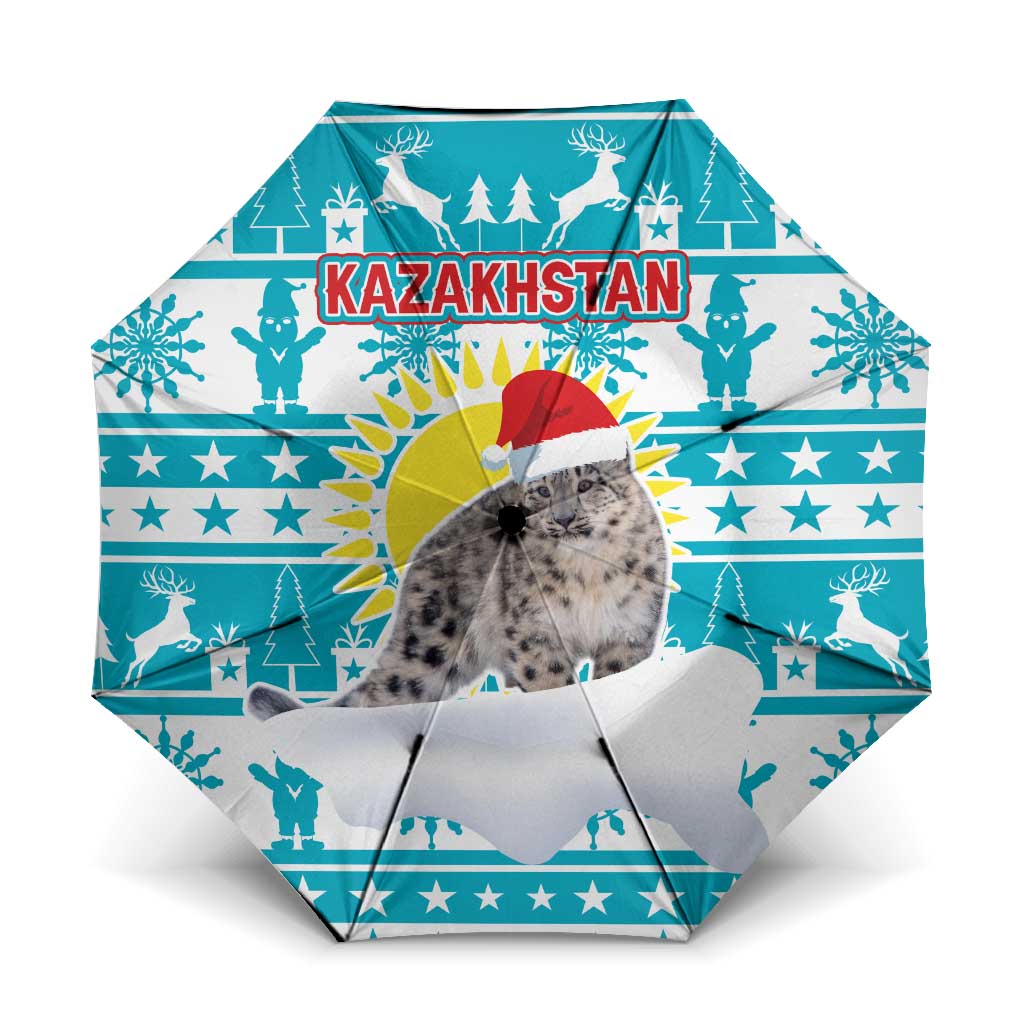 Kazakhstan Christmas Umbrella with Snow Leopard in Santa Hat Blue and Yellow Reindeer Snowflake - Wonder Print Shop