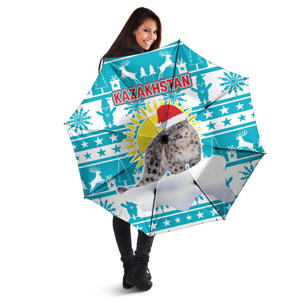 Kazakhstan Christmas Umbrella with Snow Leopard in Santa Hat Blue and Yellow Reindeer Snowflake - Wonder Print Shop