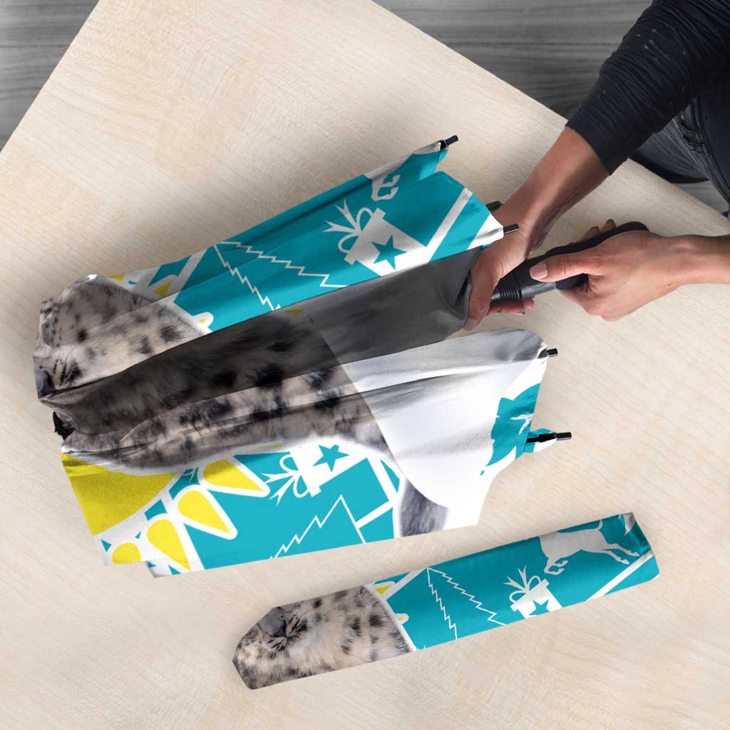 Kazakhstan Christmas Umbrella with Snow Leopard in Santa Hat Blue and Yellow Reindeer Snowflake - Wonder Print Shop