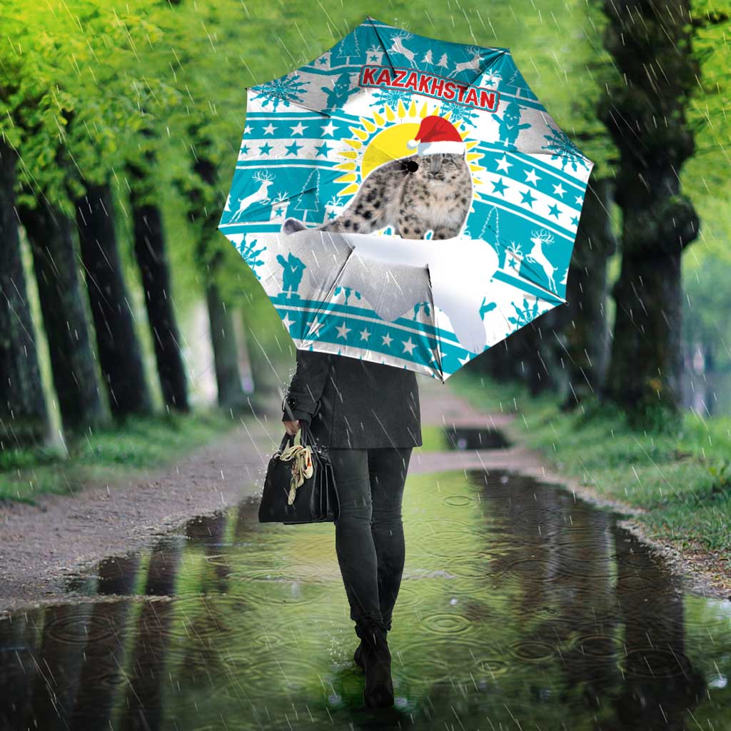 Kazakhstan Christmas Umbrella with Snow Leopard in Santa Hat Blue and Yellow Reindeer Snowflake - Wonder Print Shop