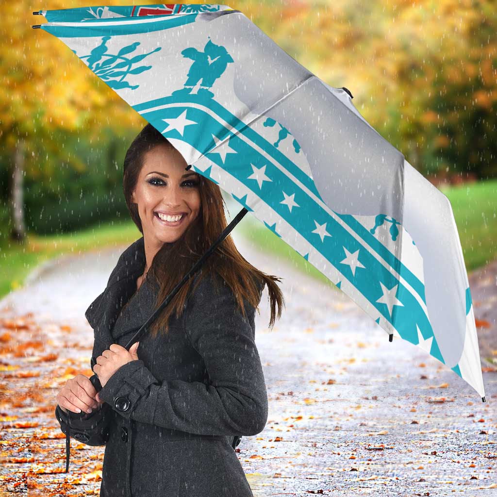 Kazakhstan Christmas Umbrella with Snow Leopard in Santa Hat Blue and Yellow Reindeer Snowflake - Wonder Print Shop