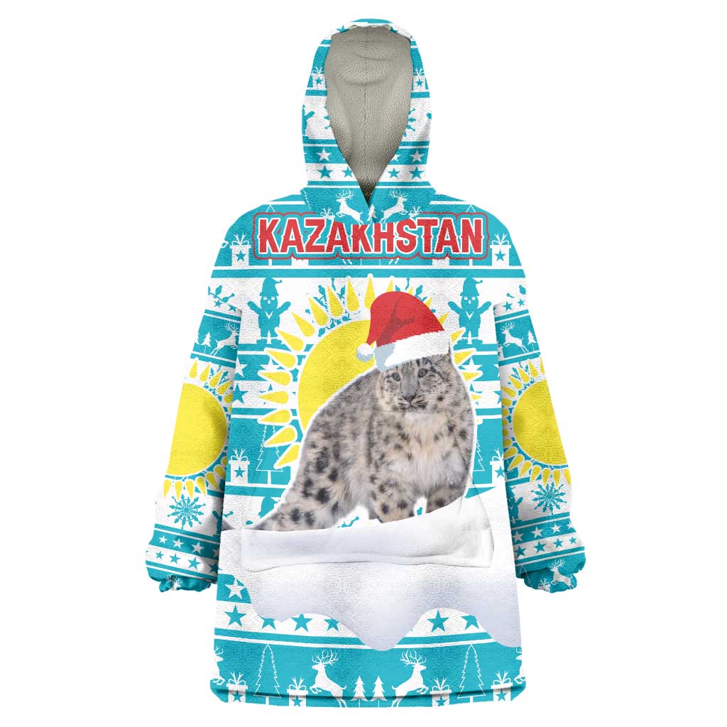 Kazakhstan Christmas Wearable Blanket Hoodie with Snow Leopard in Santa Hat Blue and Yellow Reindeer Snowflake - Wonder Print Shop