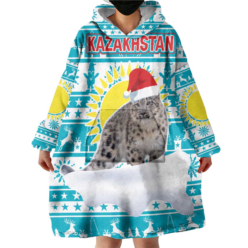 Kazakhstan Christmas Wearable Blanket Hoodie with Snow Leopard in Santa Hat Blue and Yellow Reindeer Snowflake - Wonder Print Shop