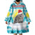 Kazakhstan Christmas Wearable Blanket Hoodie with Snow Leopard in Santa Hat Blue and Yellow Reindeer Snowflake - Wonder Print Shop