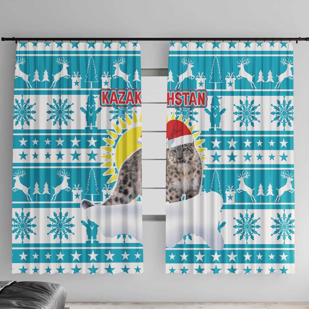 Kazakhstan Christmas Window Curtain with Snow Leopard in Santa Hat Blue and Yellow Reindeer Snowflake - Wonder Print Shop