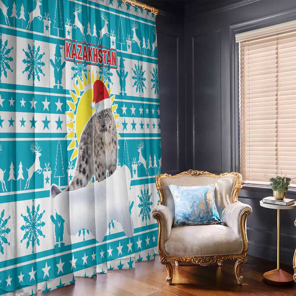 Kazakhstan Christmas Window Curtain with Snow Leopard in Santa Hat Blue and Yellow Reindeer Snowflake - Wonder Print Shop
