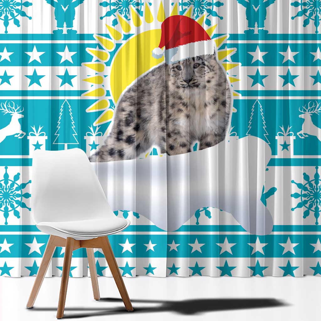Kazakhstan Christmas Window Curtain with Snow Leopard in Santa Hat Blue and Yellow Reindeer Snowflake - Wonder Print Shop