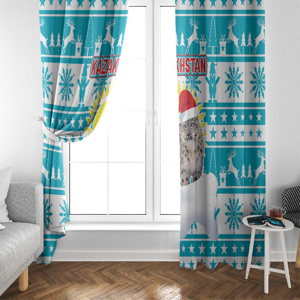 Kazakhstan Christmas Window Curtain with Snow Leopard in Santa Hat Blue and Yellow Reindeer Snowflake - Wonder Print Shop