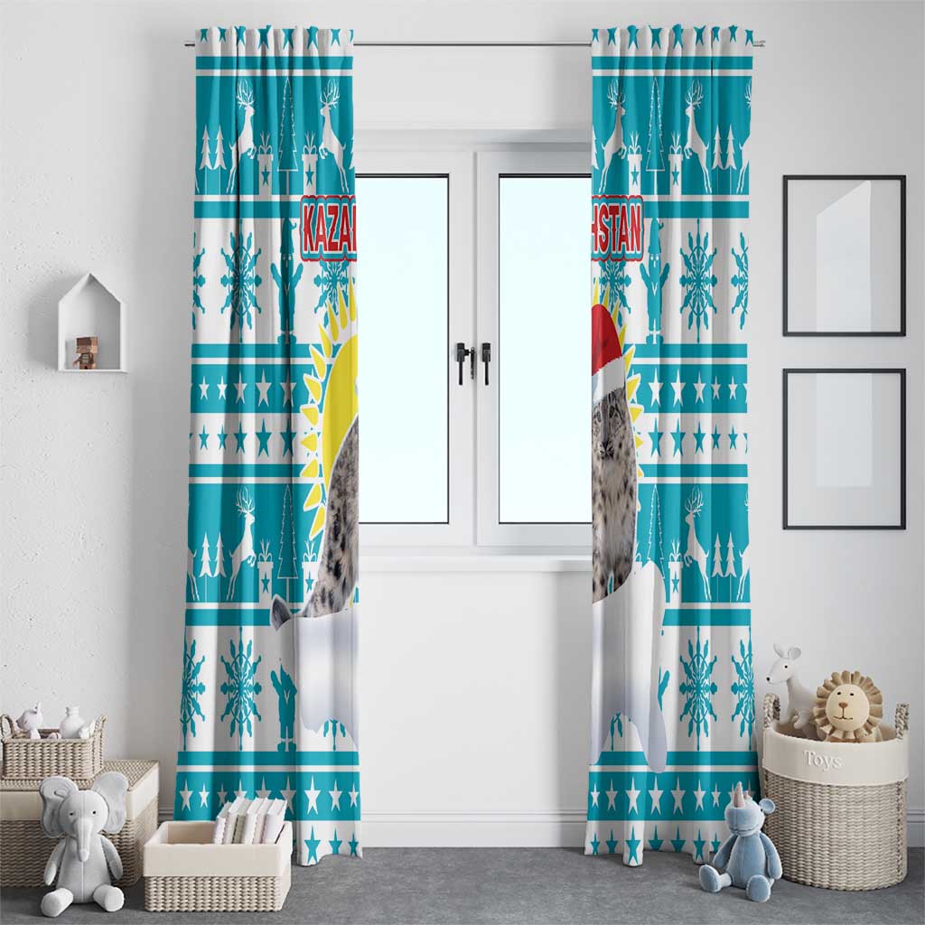 Kazakhstan Christmas Window Curtain with Snow Leopard in Santa Hat Blue and Yellow Reindeer Snowflake - Wonder Print Shop