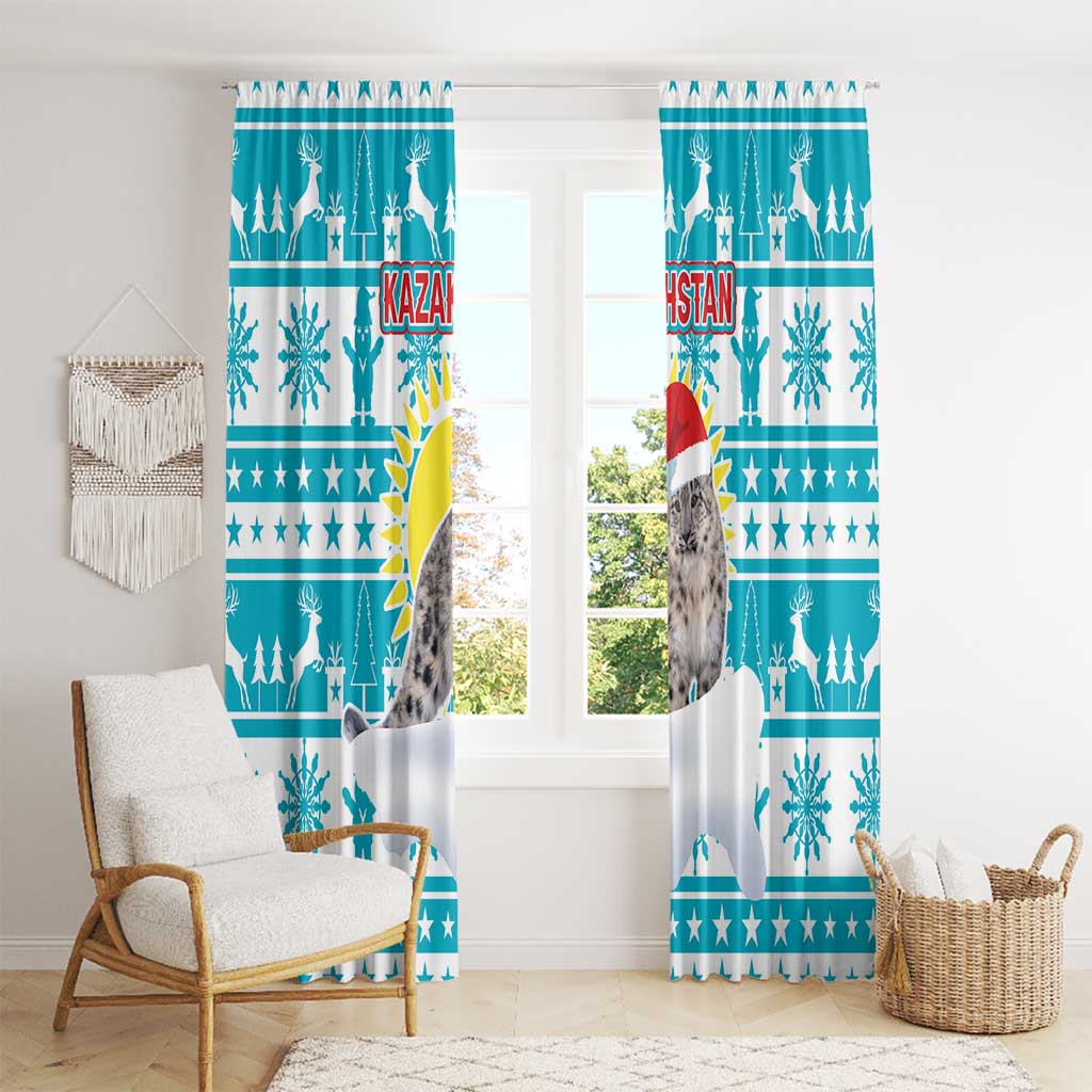 Kazakhstan Christmas Window Curtain with Snow Leopard in Santa Hat Blue and Yellow Reindeer Snowflake - Wonder Print Shop