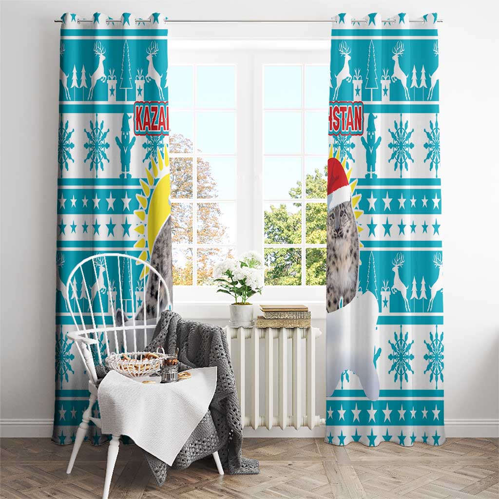 Kazakhstan Christmas Window Curtain with Snow Leopard in Santa Hat Blue and Yellow Reindeer Snowflake - Wonder Print Shop