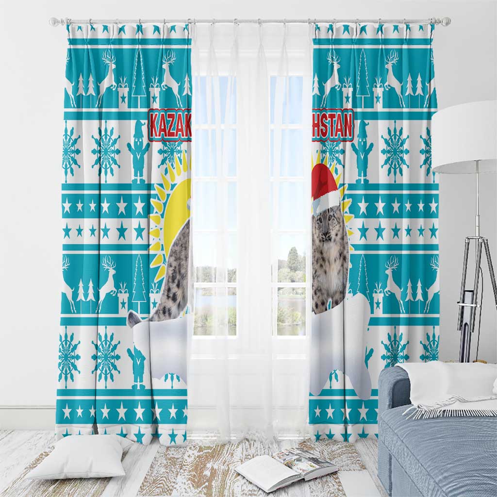 Kazakhstan Christmas Window Curtain with Snow Leopard in Santa Hat Blue and Yellow Reindeer Snowflake - Wonder Print Shop