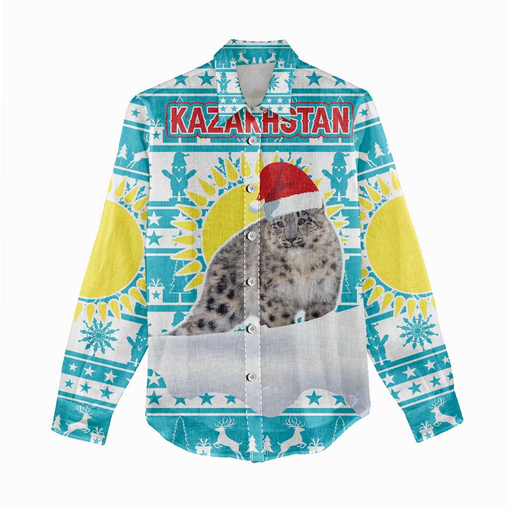 Kazakhstan Christmas Women Casual Shirt with Snow Leopard in Santa Hat Blue and Yellow Reindeer Snowflake - Wonder Print Shop