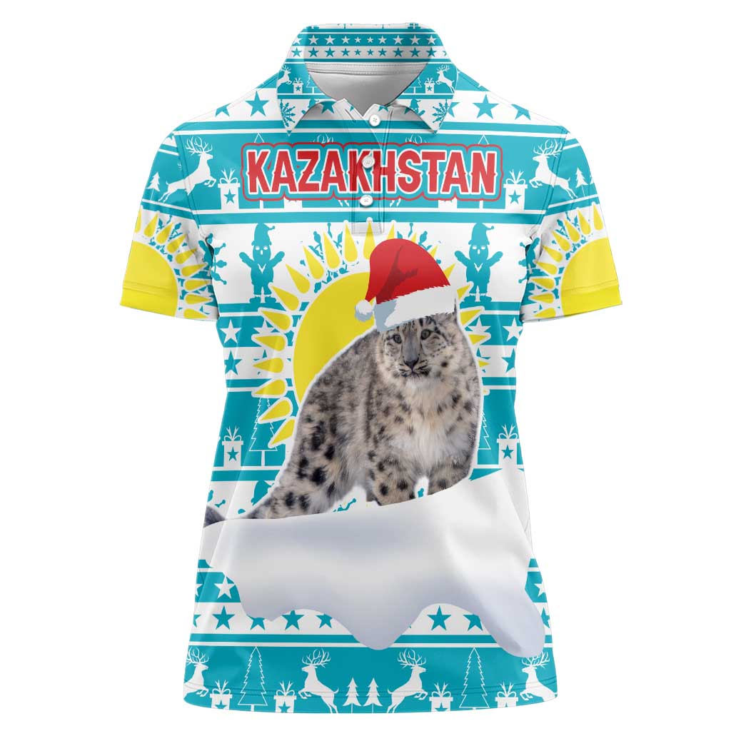Kazakhstan Christmas Women Polo Shirt with Snow Leopard in Santa Hat Blue and Yellow Reindeer Snowflake - Wonder Print Shop