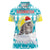 Kazakhstan Christmas Women Polo Shirt with Snow Leopard in Santa Hat Blue and Yellow Reindeer Snowflake - Wonder Print Shop