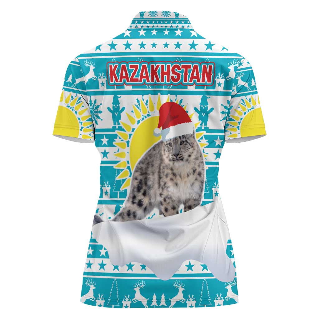 Kazakhstan Christmas Women Polo Shirt with Snow Leopard in Santa Hat Blue and Yellow Reindeer Snowflake - Wonder Print Shop