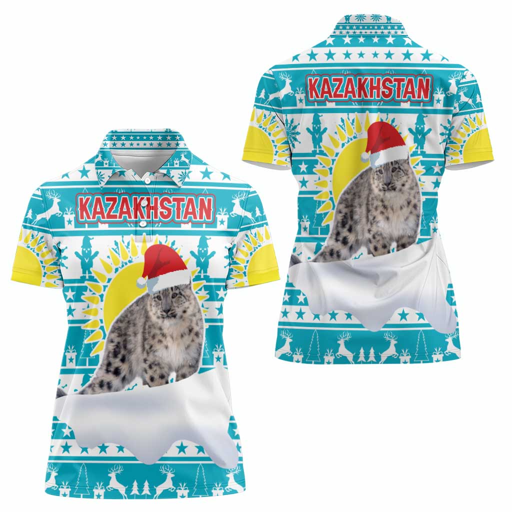 Kazakhstan Christmas Women Polo Shirt with Snow Leopard in Santa Hat Blue and Yellow Reindeer Snowflake - Wonder Print Shop