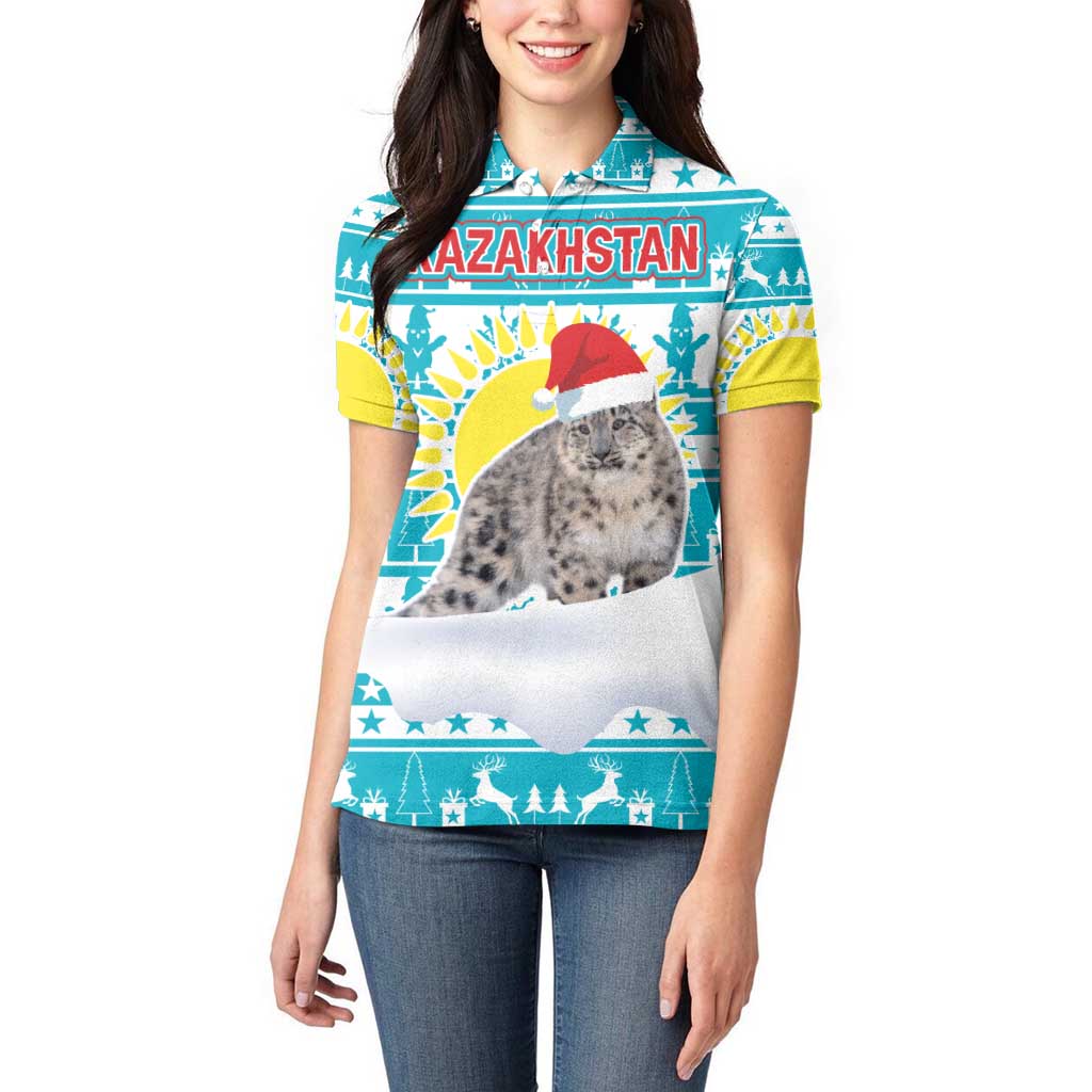 Kazakhstan Christmas Women Polo Shirt with Snow Leopard in Santa Hat Blue and Yellow Reindeer Snowflake - Wonder Print Shop
