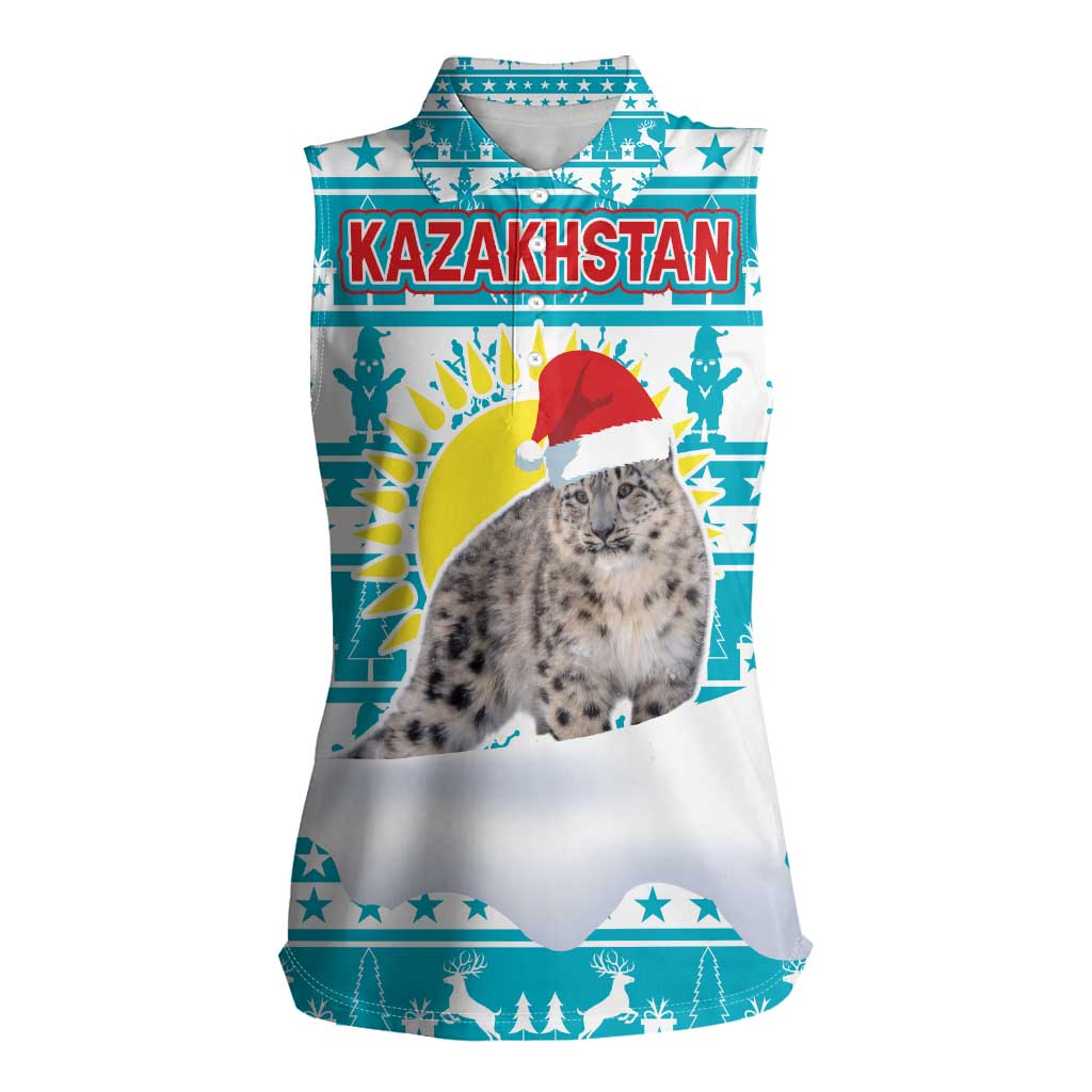 Kazakhstan Christmas Women Sleeveless Polo Shirt with Snow Leopard in Santa Hat Blue and Yellow Reindeer Snowflake - Wonder Print Shop