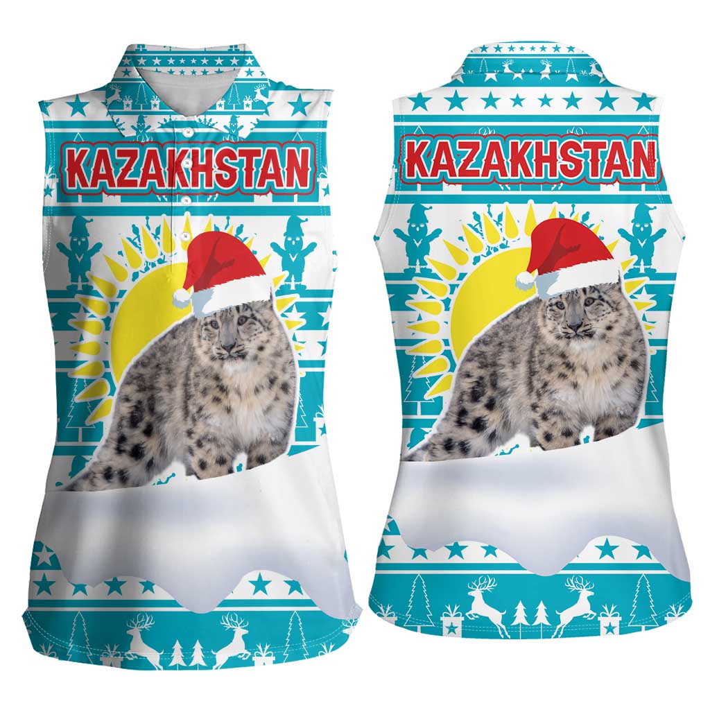 Kazakhstan Christmas Women Sleeveless Polo Shirt with Snow Leopard in Santa Hat Blue and Yellow Reindeer Snowflake - Wonder Print Shop