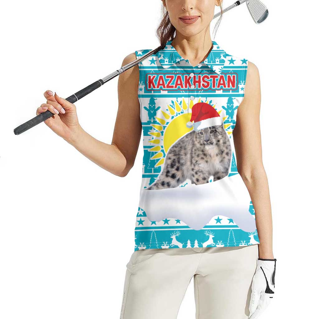 Kazakhstan Christmas Women Sleeveless Polo Shirt with Snow Leopard in Santa Hat Blue and Yellow Reindeer Snowflake - Wonder Print Shop