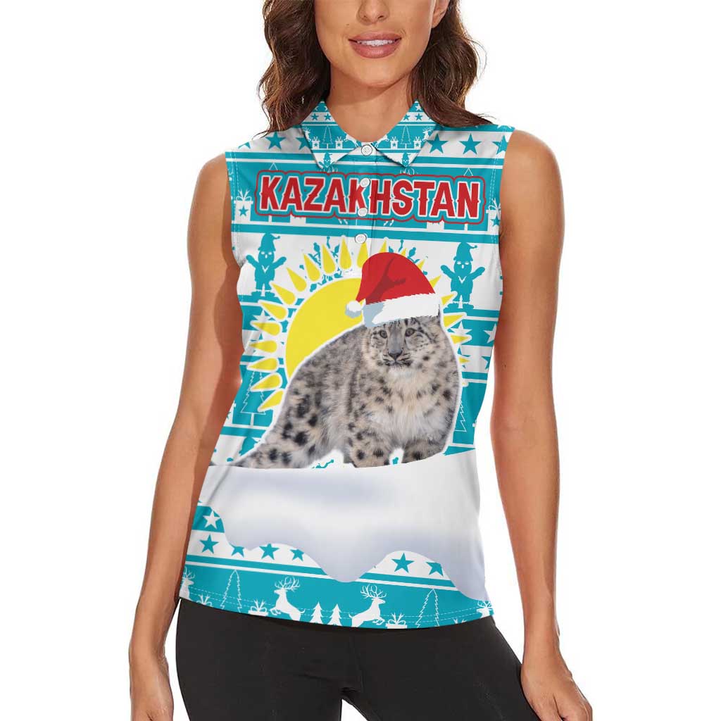 Kazakhstan Christmas Women Sleeveless Polo Shirt with Snow Leopard in Santa Hat Blue and Yellow Reindeer Snowflake - Wonder Print Shop