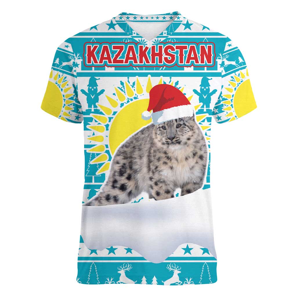 Kazakhstan Christmas Women V-Neck T-Shirt with Snow Leopard in Santa Hat Blue and Yellow Reindeer Snowflake - Wonder Print Shop