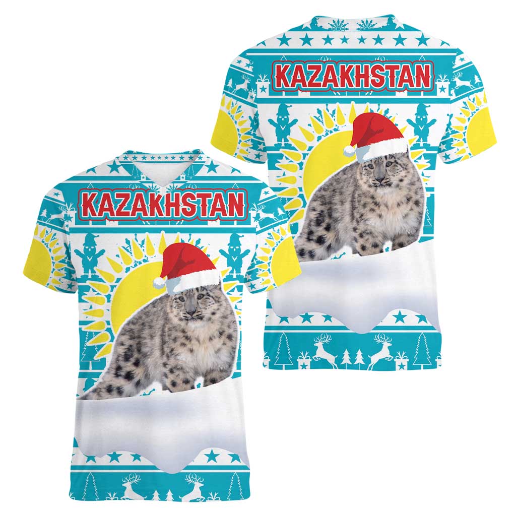 Kazakhstan Christmas Women V-Neck T-Shirt with Snow Leopard in Santa Hat Blue and Yellow Reindeer Snowflake - Wonder Print Shop
