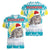 Kazakhstan Christmas Women V-Neck T-Shirt with Snow Leopard in Santa Hat Blue and Yellow Reindeer Snowflake - Wonder Print Shop